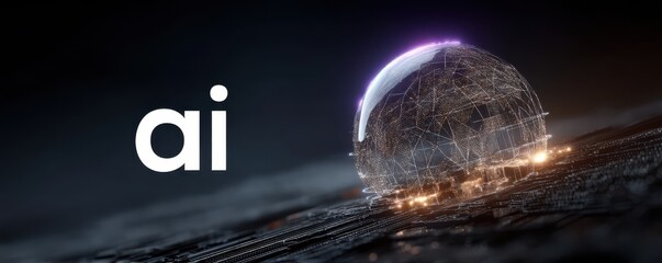 Artificial intelligence concept: futuristic globe with digital network and white ai logo on dark background
