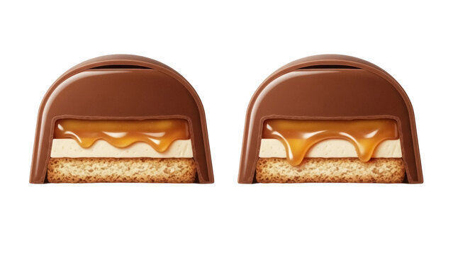 Chocolate caramel candy bar cut in half isolated PNG, delicious sweet treat with layers of chocolate, caramel, nougat, and cookie on transparent background