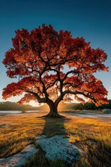 Majestic autumn oak tree with vibrant red leaves stands in a sunlit field at sunset