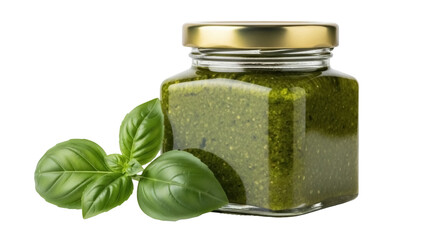 Fresh green pesto in glass jar isolated PNG, homemade Italian basil sauce for pasta and gourmet cooking on transparent background