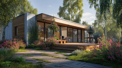 Fototapeta premium Modern Minimalist Cabin in Lush Forest with Blooming Flowers