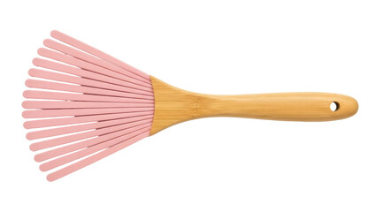Pink silicone basting brush with wooden handle isolated PNG, kitchen utensil for baking and cooking on transparent background