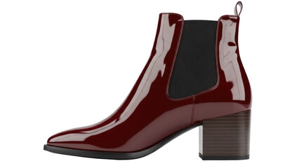 Elegant burgundy patent leather Chelsea boot isolated PNG, stylish women s footwear with block heel on transparent background © Jn