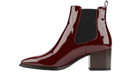 Elegant burgundy patent leather Chelsea boot isolated PNG, stylish women s footwear with block heel on transparent background