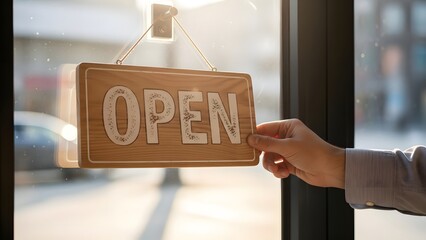 A hand flips an open sign on a business door, indicating that the establishment is ready to welcome customers and begin the day's operations