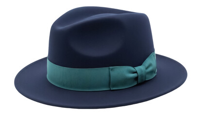 Elegant navy blue fedora hat with green ribbon isolated PNG, classic men s fashion accessory on transparent background for vintage style