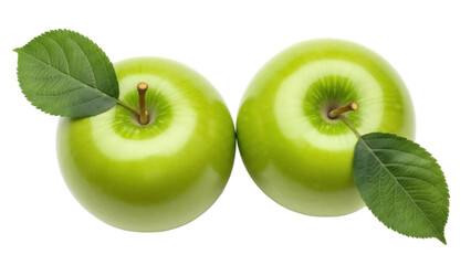Two green Granny Smith apples PNG isolated on transparent background, fresh fruit with leaves for healthy eating and food design