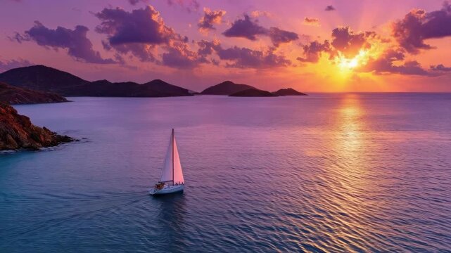 A lone sailboat on calm blue water at sunset, with an orange-pink sky and distant silhouetted islands.