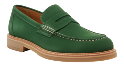 Green suede penny loafer isolated PNG, stylish slip-on shoe with a classic design for casual and semi-formal wear on transparent background