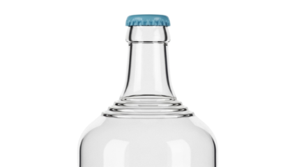 Clear glass bottle with blue cap isolated PNG, reusable container for water or other beverages on transparent background