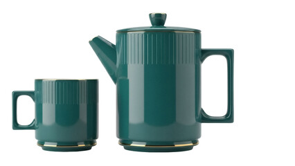 Elegant emerald green teapot and mug isolated PNG, vintage style tea set with gold trim on transparent background, kitchenware for beverage service