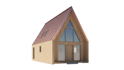 Modern A-frame house isolated PNG on transparent background, contemporary cabin with copper roof and wood siding for architecture design