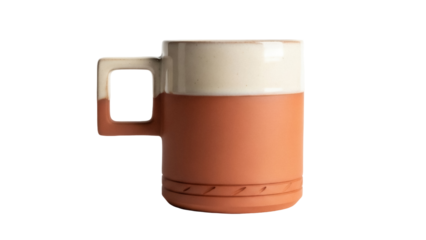 Two-tone ceramic mug PNG isolated on transparent background, terracotta and cream colored coffee cup for hot beverages
