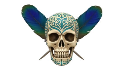 Ornate skull with feathers PNG isolated on transparent background, tribal tattoo design for Halloween and Day of the Dead celebrations