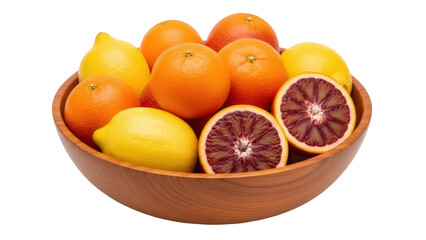 Wooden bowl with fresh citrus fruits isolated PNG, including oranges, lemons, and blood oranges on transparent background
