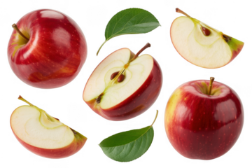 Red apples with leaves and slices on black fruit fresh isolated on a transparent background