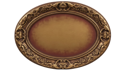 Ornate oval frame PNG isolated on transparent background, antique gold picture frame with decorative floral carvings for vintage design