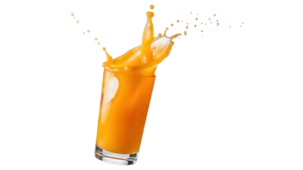 Fresh orange juice splashing out of a glass isolated PNG, healthy drink with vitamins on transparent background for advertising and design