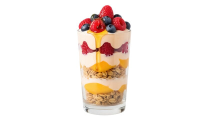 Delicious parfait with fresh raspberries and blueberries isolated PNG, layered dessert with granola, yogurt and honey on transparent background