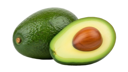 Fresh green avocado with half cut isolated PNG, healthy fruit with pit on transparent background for food and nutrition concepts