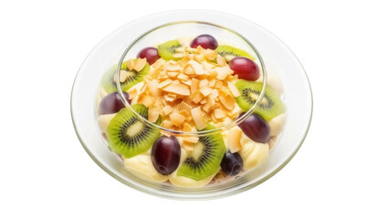 Delicious fruit salad with kiwi, grapes, and coconut flakes in a glass bowl isolated PNG, healthy dessert on transparent background