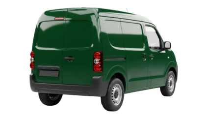 Green delivery van PNG isolated on transparent background, commercial vehicle for transport and logistics services, cargo transportation