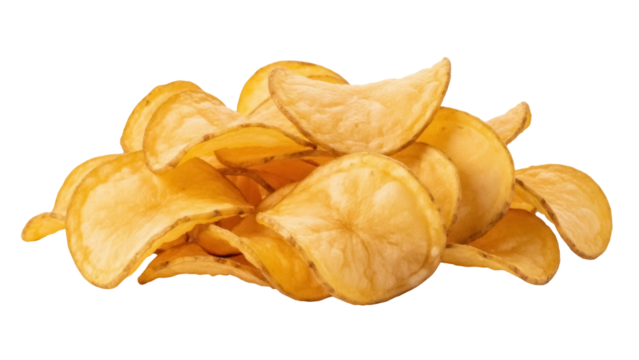 Pile of crispy potato chips PNG isolated on transparent background, golden snack food for party and picnic, salty appetizer - Powered by Adobe