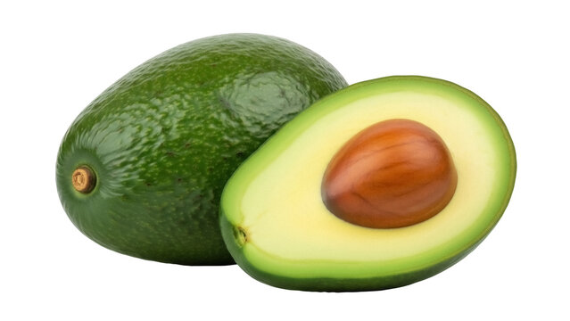Fresh green avocado with half cut isolated PNG, healthy fruit with pit on transparent background for food and nutrition concepts