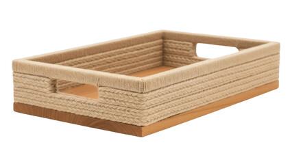 Rectangular woven rope basket isolated PNG on transparent background, beige storage container with wooden base for home organization