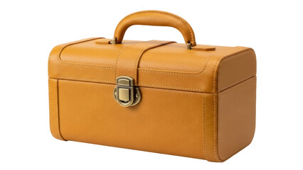 Tan leather vanity case isolated PNG, vintage style makeup box for travel and storage on transparent background