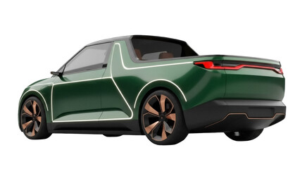 Green electric pickup truck isolated PNG, modern automotive design with sleek lines and copper accents on transparent background