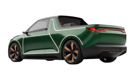 Green electric pickup truck isolated PNG, modern automotive design with sleek lines and copper accents on transparent background
