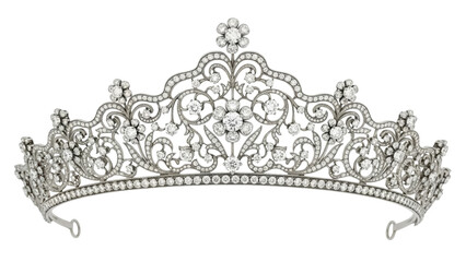 Elegant silver tiara with diamonds isolated PNG, vintage crown headpiece for wedding, royal jewelry on transparent background © Jn