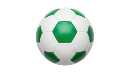 Green and white soccer ball PNG isolated on transparent background, sports equipment for football games and recreational activities