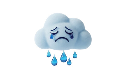 Sad cloud with tears PNG isolated on transparent background, cartoon weather icon for graphic design and emotional expression