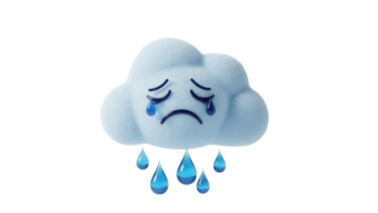 Sad cloud with tears PNG isolated on transparent background, cartoon weather icon for graphic design and emotional expression