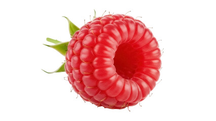 Fresh red raspberry isolated PNG, juicy fruit with green leaves on transparent background for healthy eating and summer dessert