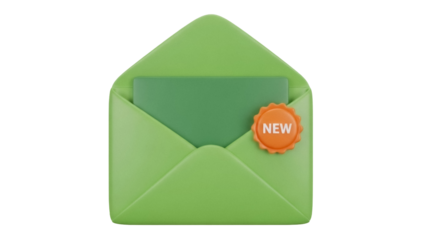 Green envelope with new message PNG isolated on transparent background, notification of email or letter for business and personal communication