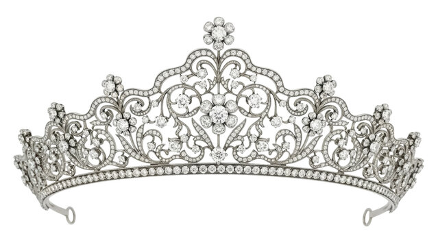 Elegant silver tiara with diamonds isolated PNG, vintage crown headpiece for wedding, royal jewelry on transparent background