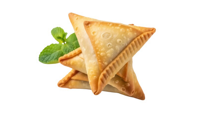 Golden samosas with mint leaves isolated PNG, delicious Indian snack on transparent background for restaurant menu and food blog