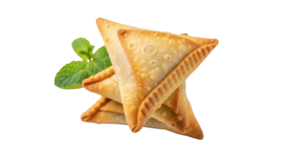 Golden samosas with mint leaves isolated PNG, delicious Indian snack on transparent background for restaurant menu and food blog