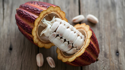 Close-up of a cacao pod split open, revealing ripe beans with a wooden background, showcasing the raw ingredient for chocolate production