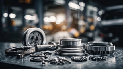 Close-up of various metal automotive parts and gears on a textured surface in a workshop