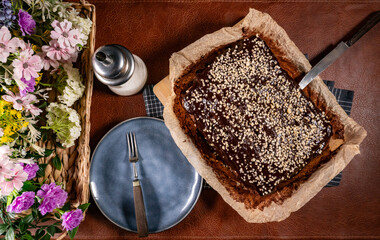 Freshly baked chocolate cake.