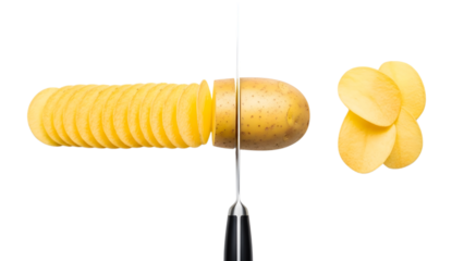 A potato being thinly sliced by a sharp kitchen knife isolated on a transparent background