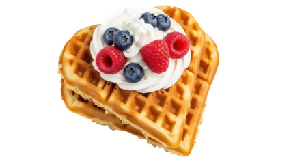 Delicious waffles with whipped cream and berries isolated PNG, sweet breakfast dessert on transparent background for food design and culinary projects