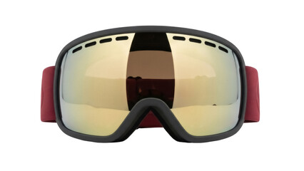 Ski goggles with gold mirror lens isolated PNG, winter sport eyewear for skiing and snowboarding on transparent background