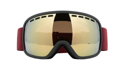 Ski goggles with gold mirror lens isolated PNG, winter sport eyewear for skiing and snowboarding on transparent background