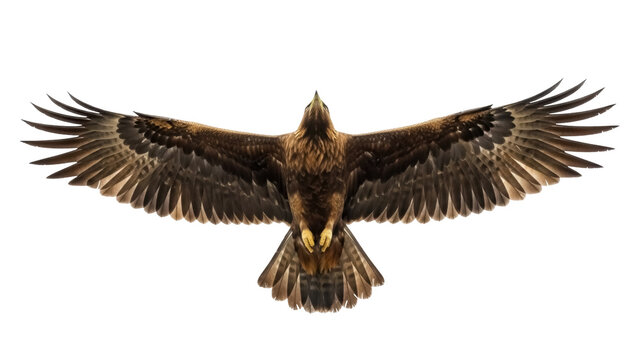 Majestic golden eagle flying PNG isolated on transparent background, powerful bird of prey with outstretched wings for wildlife designs