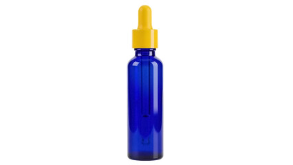 Cobalt blue glass bottle with yellow dropper isolated PNG, aromatherapy essential oil container for beauty and health products on transparent background